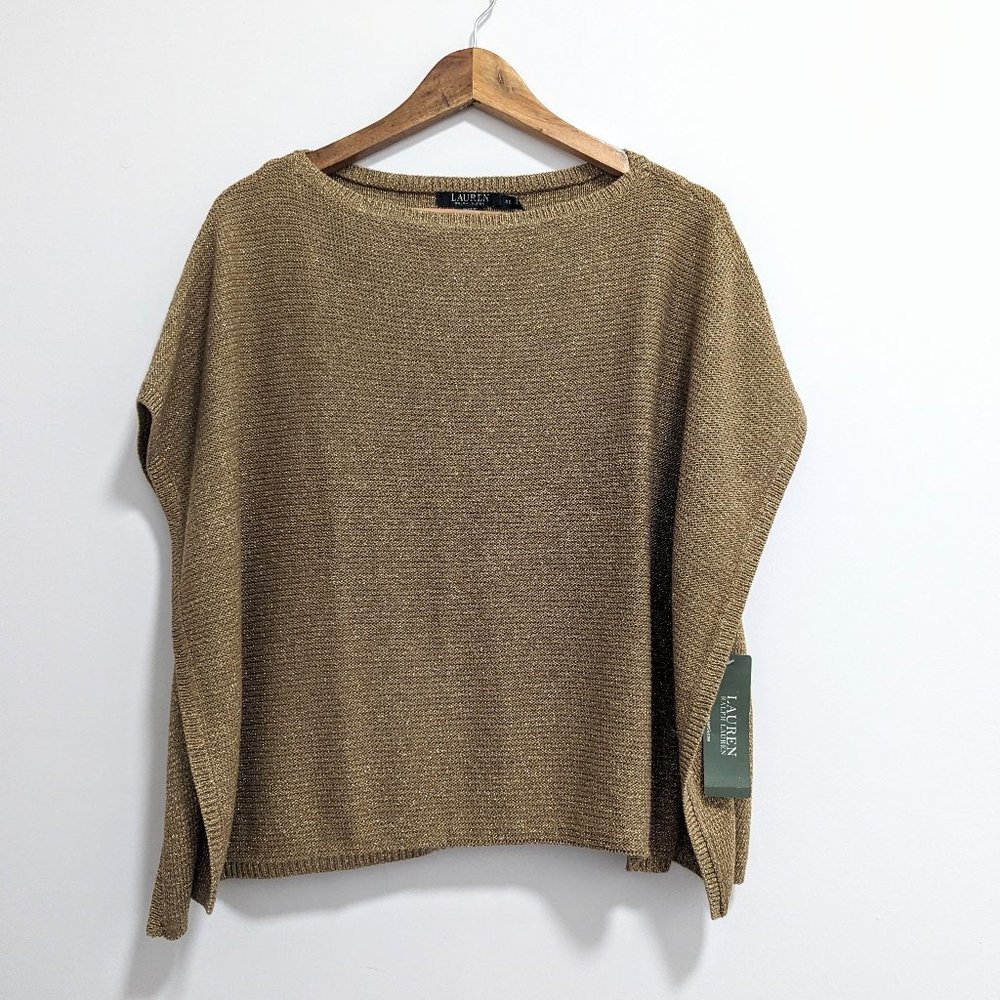 NWT Ralph Lauren Gold Metallic Linen Blend Poncho Sweater Size XS